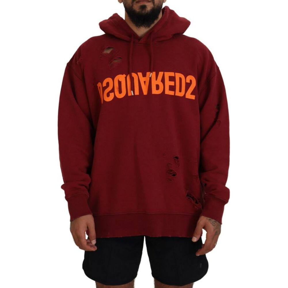 Dsquared² Maroon Cotton Tattered Hooded Printed Pullover Men's Sweater